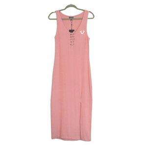 True Religion Lace Up Midi Ribbed Tank Dress in Coral Almond in Size Small